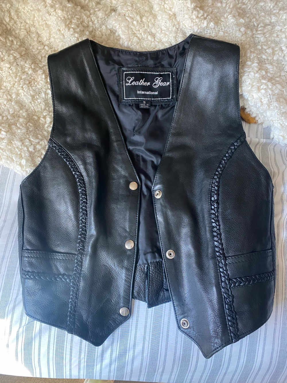 Vintage Leather Braided-Trim Black Women's Vest